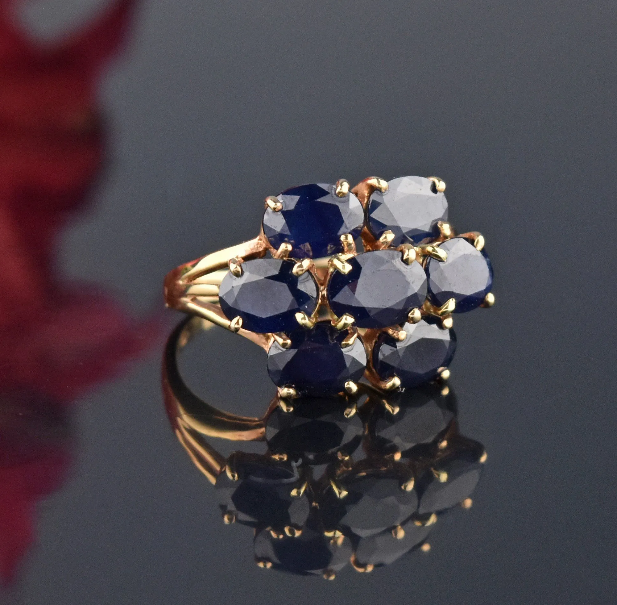 10K Gold Created Sapphire Cluster Cocktail Ring