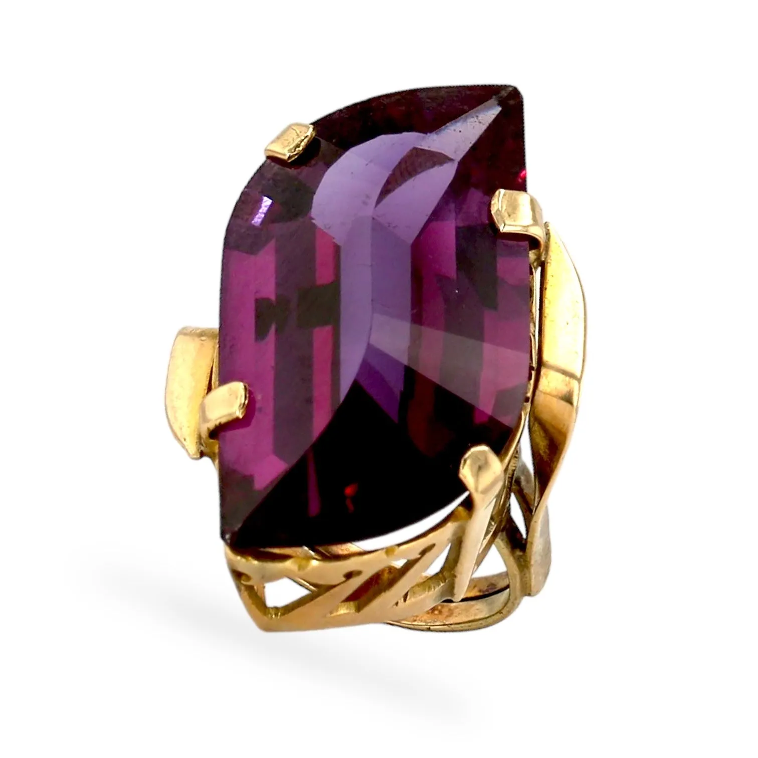 14K Yellow heavy solid gold S cut purple rare sapphire vintage ring