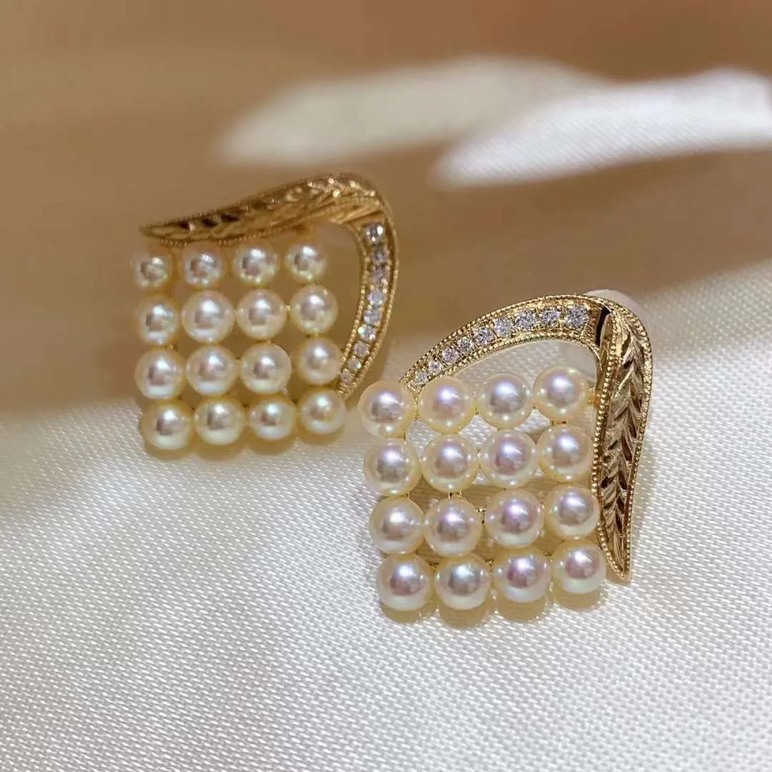 18K Akoya Pearl With Diamond feather Stud Earrings - TS008