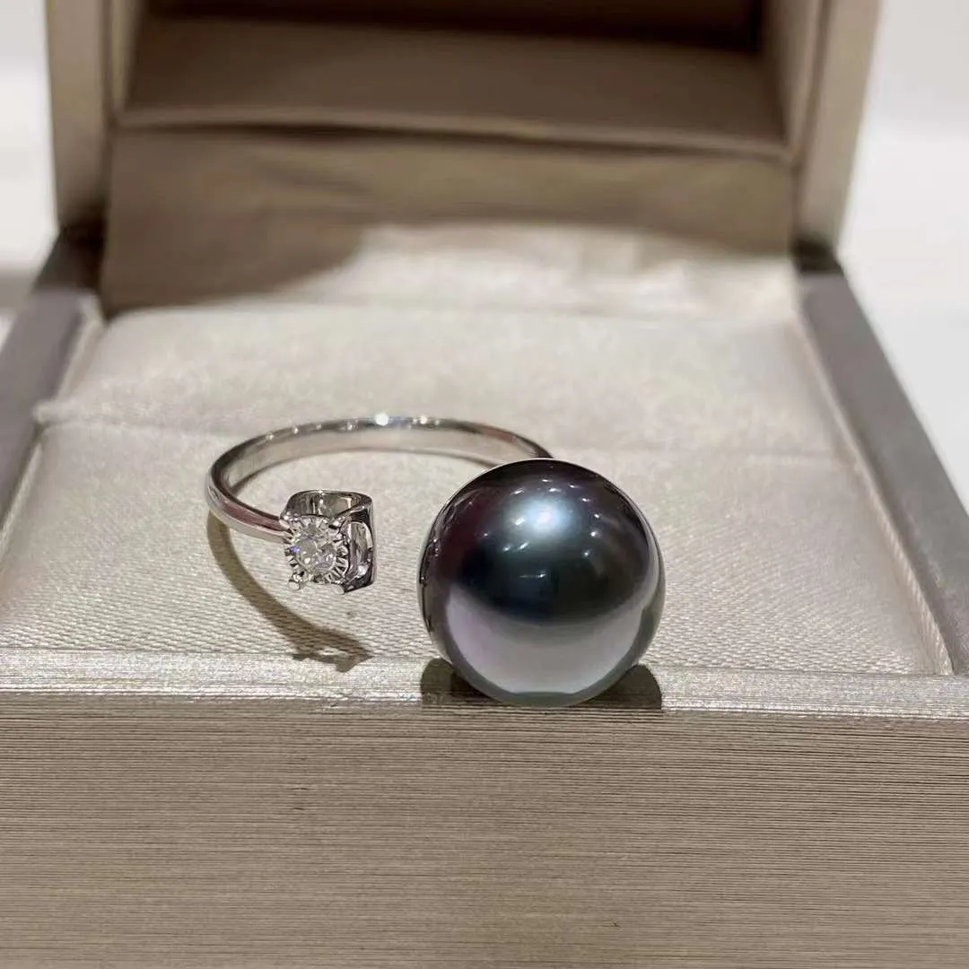 18K Gold 11-12mm Tahitian Pearl With Diamond Ring  - TS024