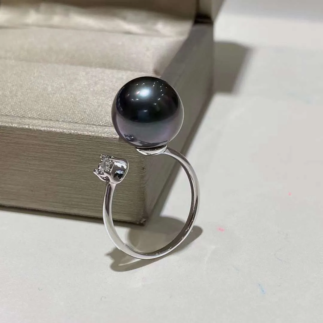 18K Gold 11-12mm Tahitian Pearl With Diamond Ring  - TS024