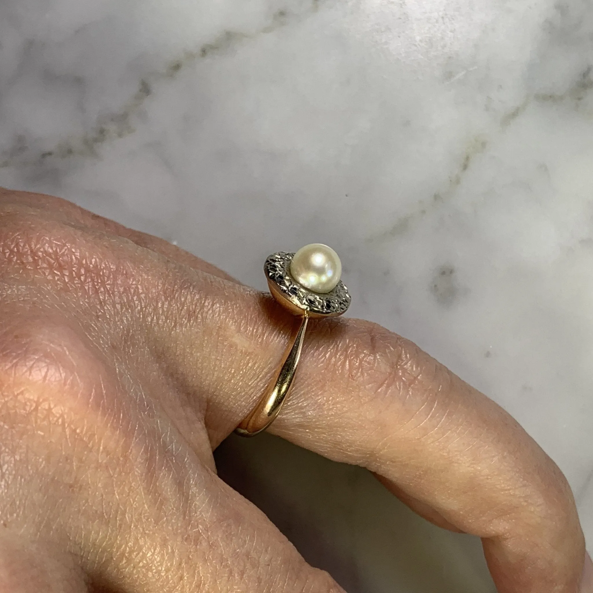 1940s Pearl Engagement Ring set in 14K White and Rose Gold. Sustainable Estate Jewelry.