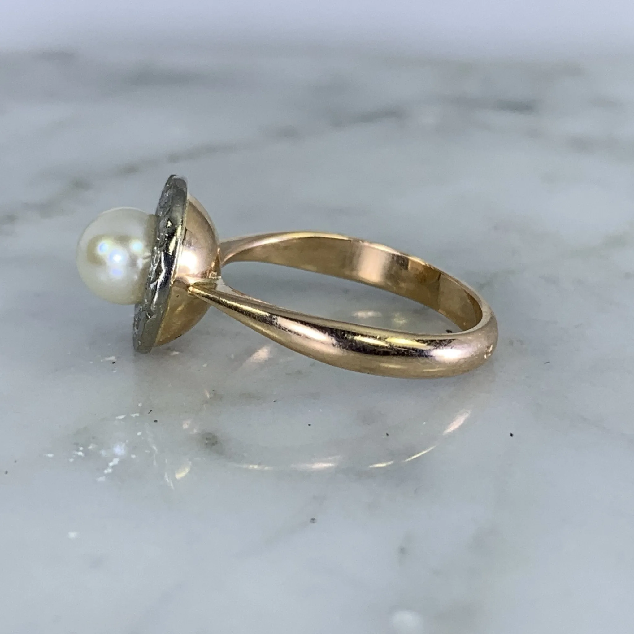 1940s Pearl Engagement Ring set in 14K White and Rose Gold. Sustainable Estate Jewelry.