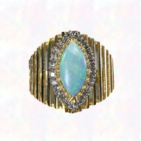 1970s Opal and Diamond Halo Statement Ring in a Large 14K Yellow Gold Setting.