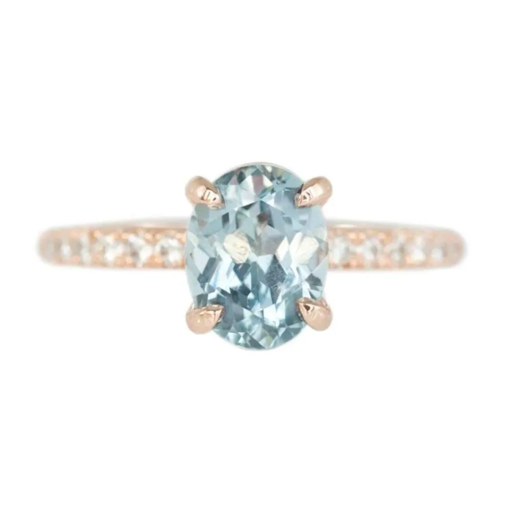 2.09ct Oval Pastel Blue Montana Sapphire Ring in 14k Rose Gold Diamond-Studded Solitaire