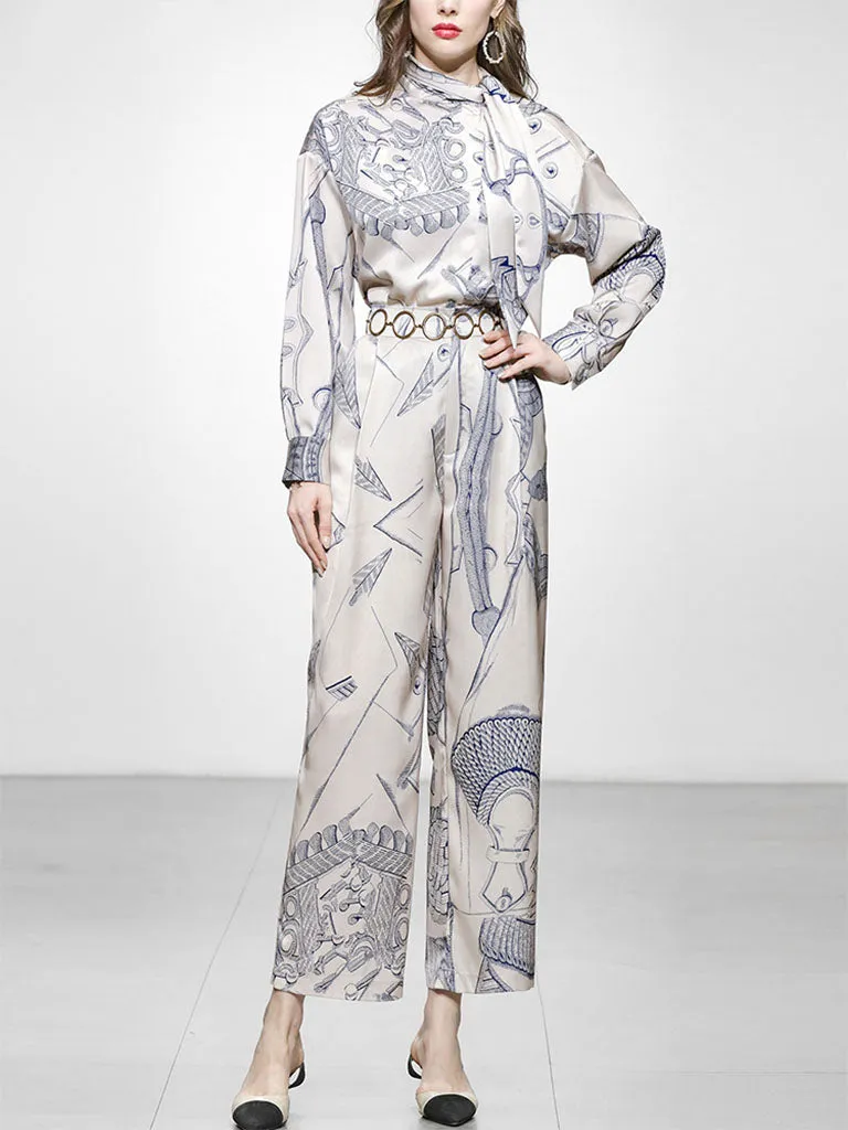 2PS Champagne Satin Floral Printed Shirt And High Waist Wide Leg Pants Suit