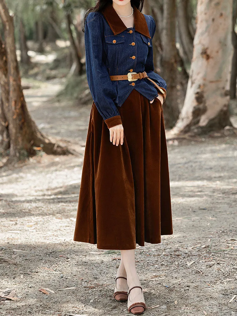 2PS Denim Coat With Brown Velvet Swing Skirt 1950S Vintage Audrey Hepburn's Style Outfits