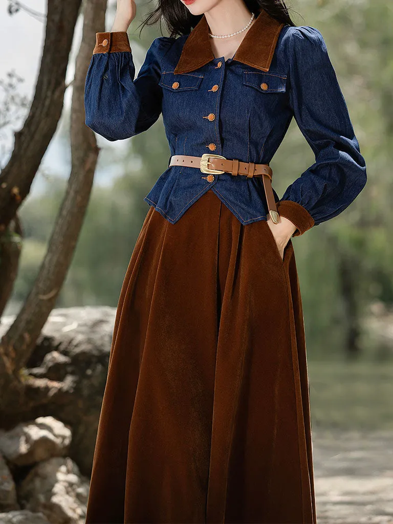 2PS Denim Coat With Brown Velvet Swing Skirt 1950S Vintage Audrey Hepburn's Style Outfits