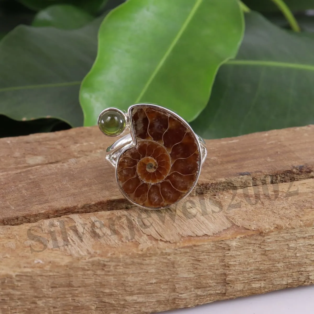 925 Sterling Silver Ammonite Ring, Handmade Fossil Ammonite Ring, Fossil Ring, Madagascar Ammonite Ring, Idocrase Ring