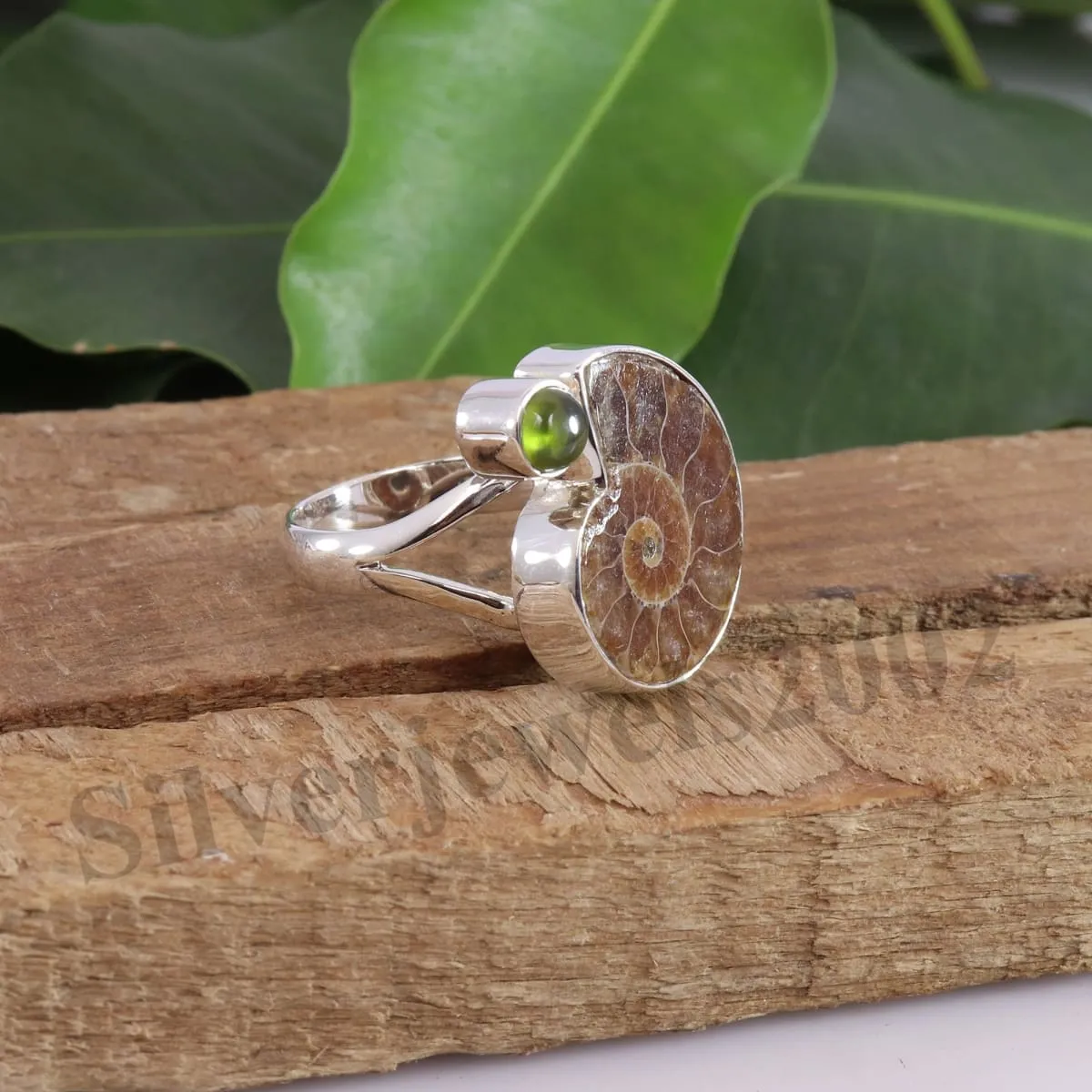 925 Sterling Silver Ammonite Ring, Handmade Fossil Ammonite Ring, Fossil Ring, Madagascar Ammonite Ring, Idocrase Ring