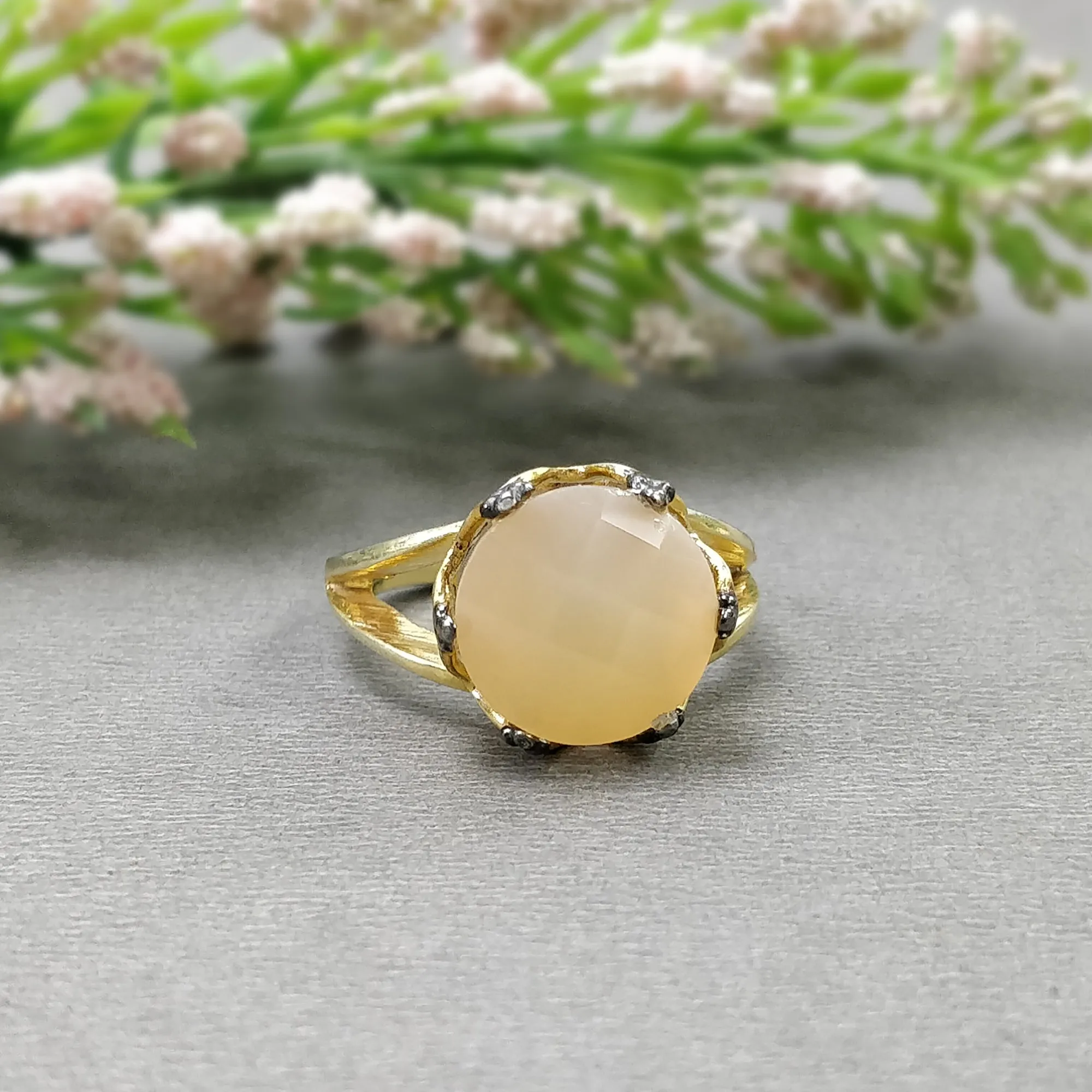 925 Sterling Silver RING : Natural Yellow MOONSTONE Gemstone Round Checker Cut Prong Set Gold Plated Fine Statement Ring 7US