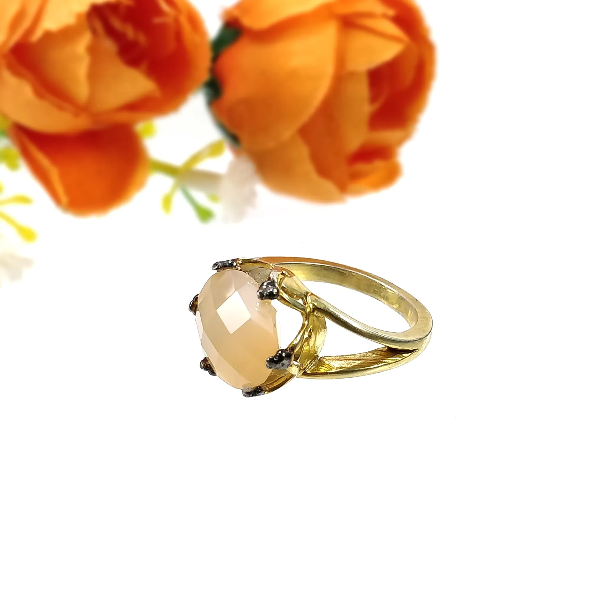 925 Sterling Silver RING : Natural Yellow MOONSTONE Gemstone Round Checker Cut Prong Set Gold Plated Fine Statement Ring 7US