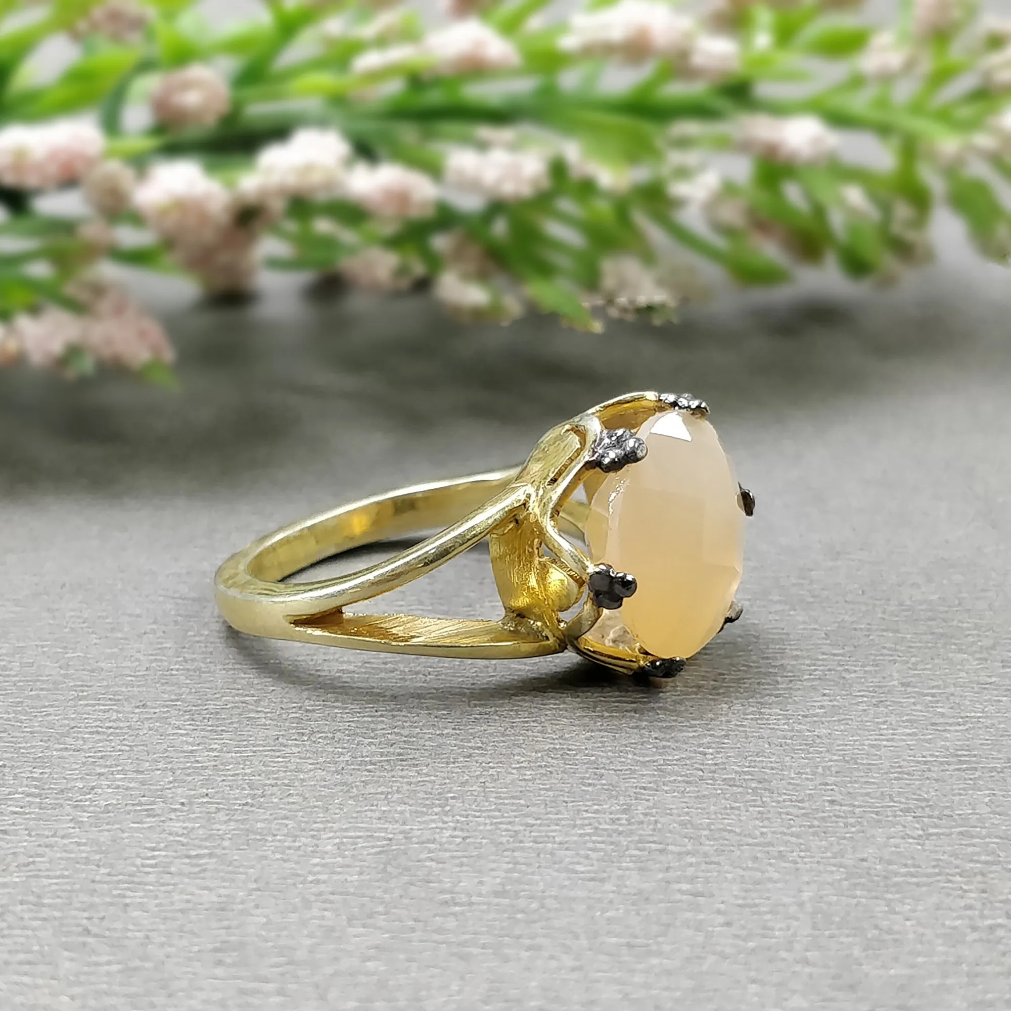 925 Sterling Silver RING : Natural Yellow MOONSTONE Gemstone Round Checker Cut Prong Set Gold Plated Fine Statement Ring 7US