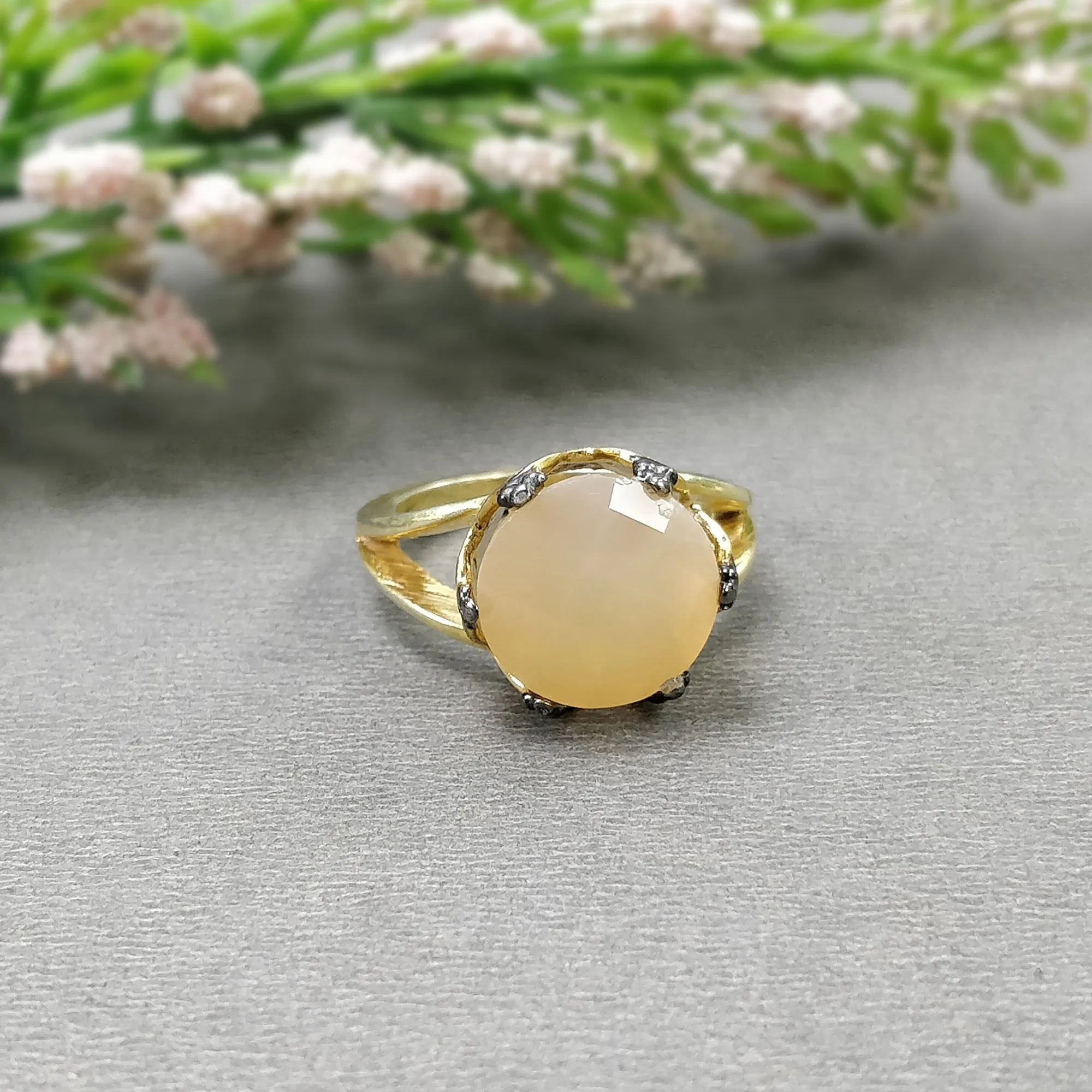 925 Sterling Silver RING : Natural Yellow MOONSTONE Gemstone Round Checker Cut Prong Set Gold Plated Fine Statement Ring 7US