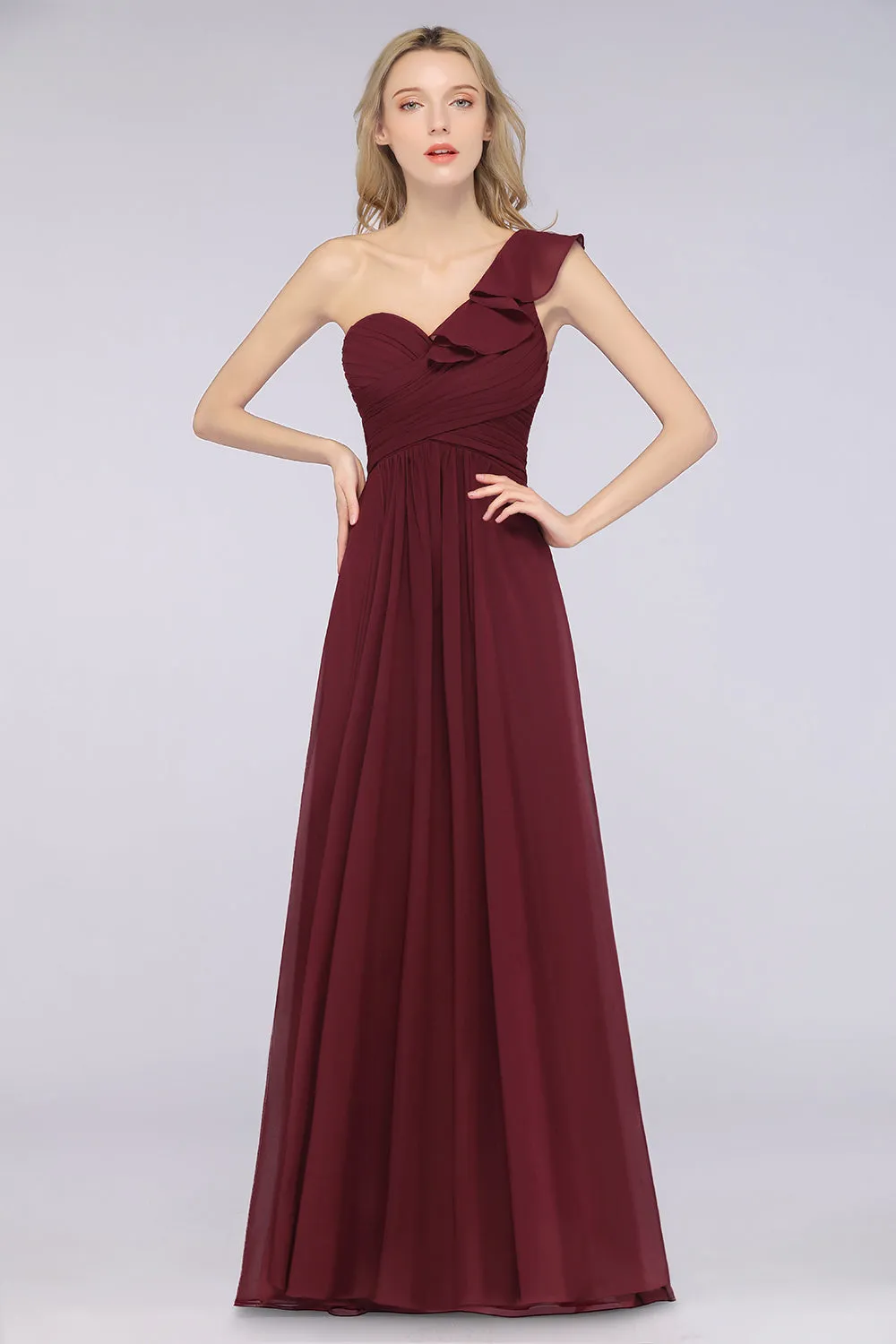 A-Line Chiffon One-Shoulder Sweetheart Long Bridesmaid Dress with Slit