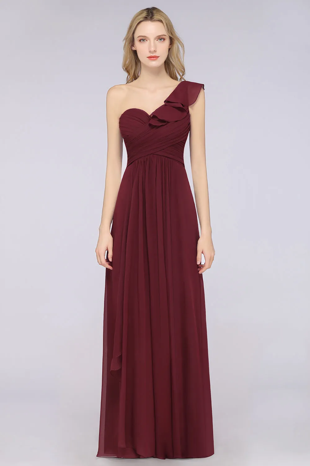 A-Line Chiffon One-Shoulder Sweetheart Long Bridesmaid Dress with Slit