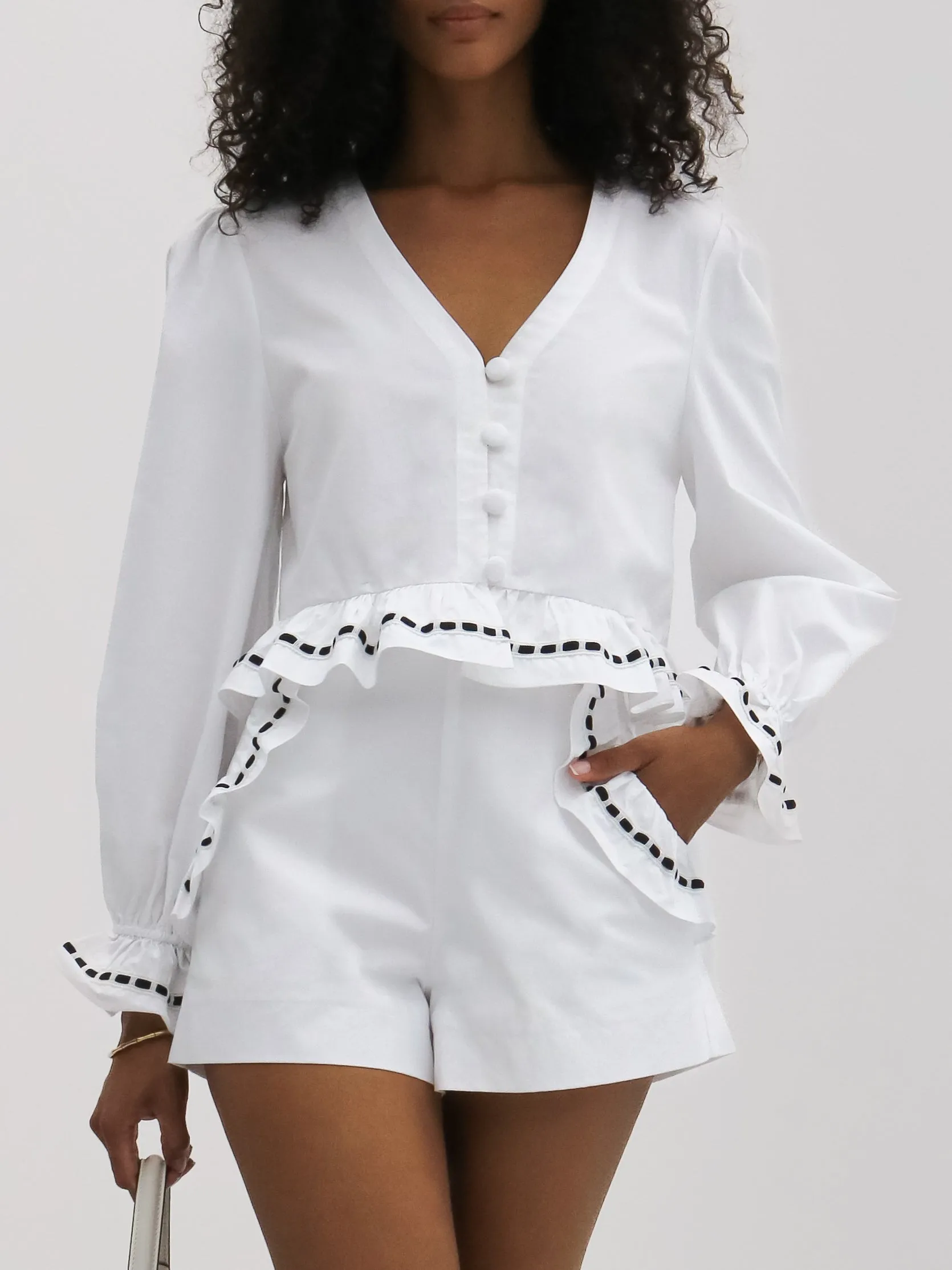 Alessandra Cotton Top with Ribbon Trim | White