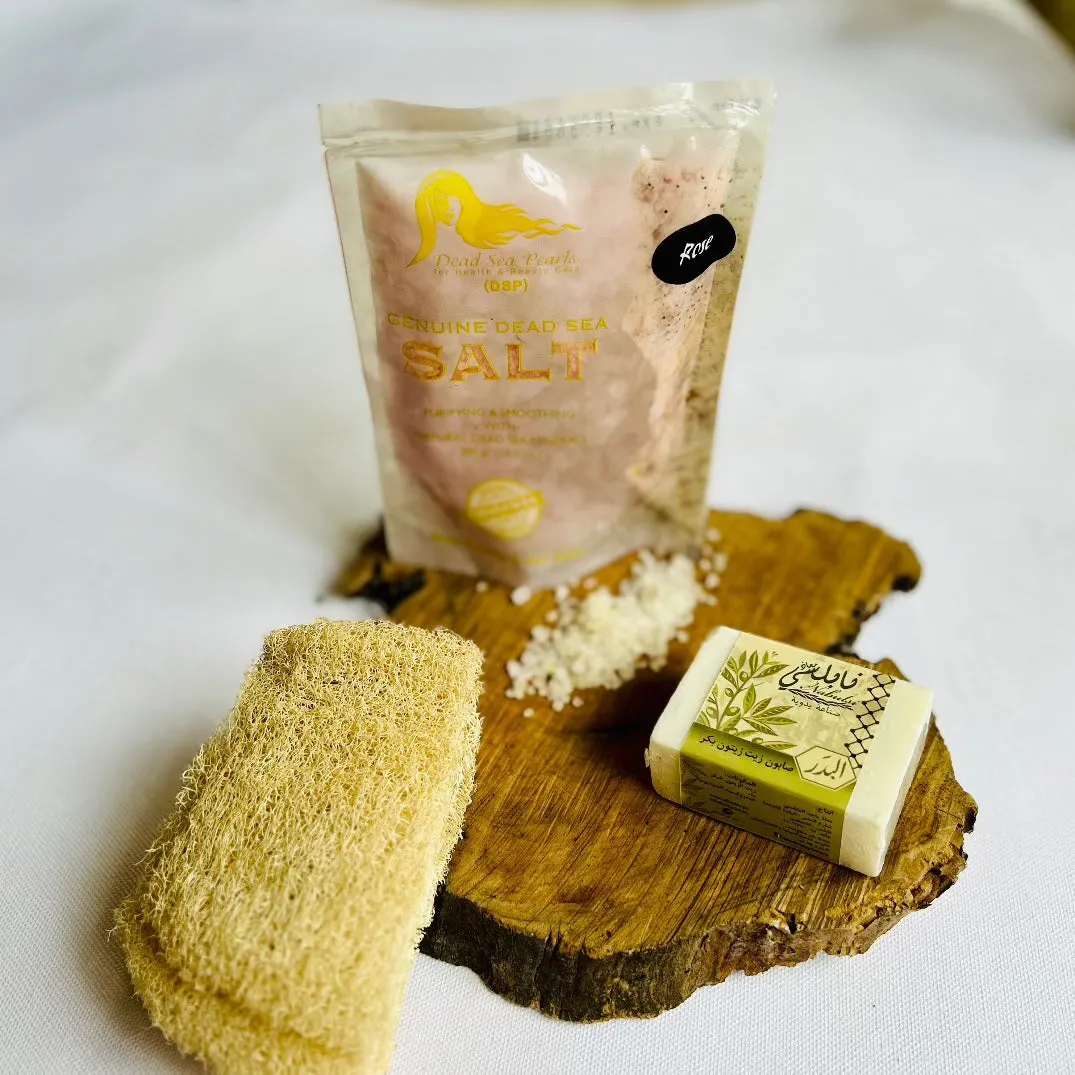 All Natural Bath Gift Box | Palestinian Olive Oil Soap, Natural Leefa and Dead Sea Bath Salts