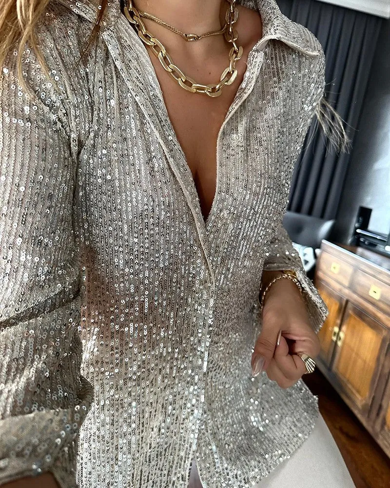 Allover Sequin Buttoned Long Sleeve Top