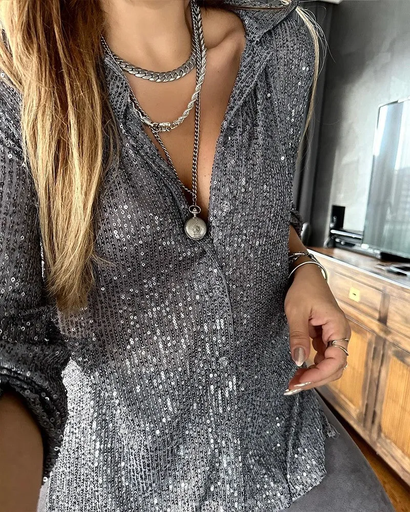 Allover Sequin Buttoned Long Sleeve Top