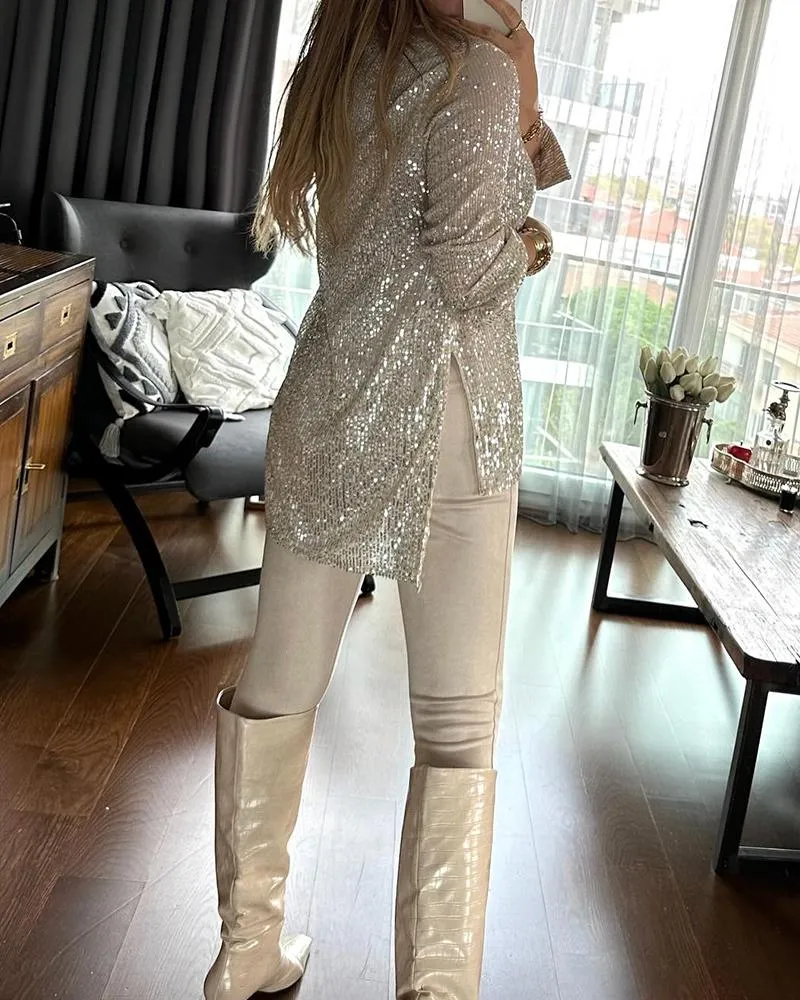 Allover Sequin Buttoned Long Sleeve Top