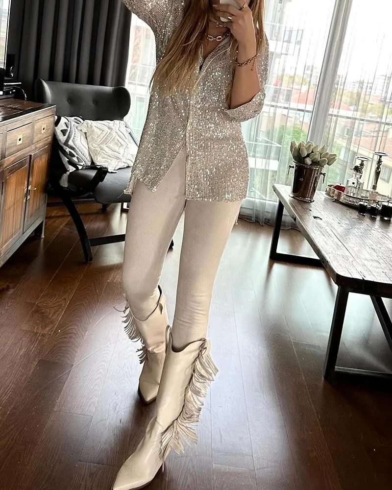 Allover Sequin Buttoned Long Sleeve Top