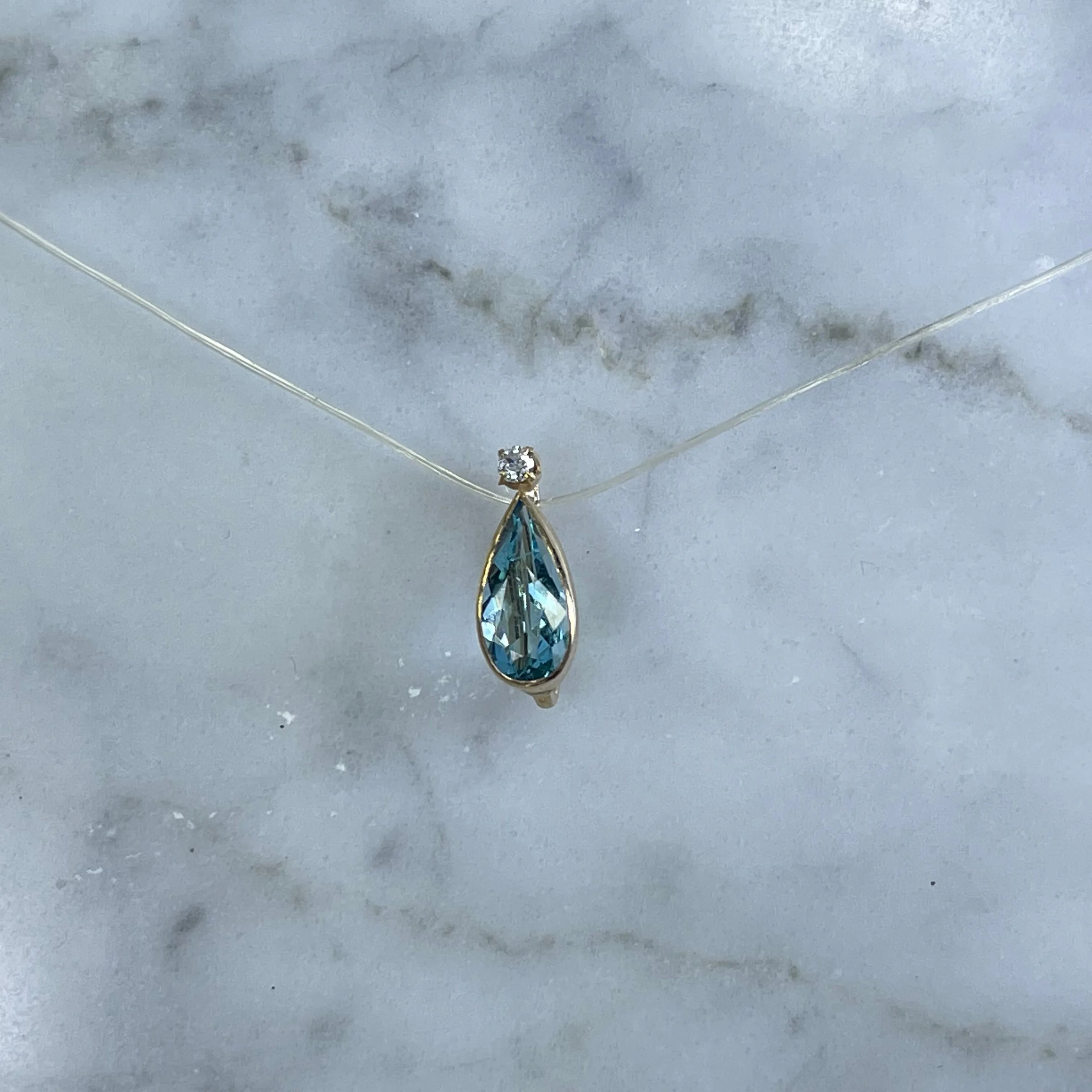 Antique Aquamarine and Diamond Pendant in 14K Yellow Gold. Repurposed Hatpin.