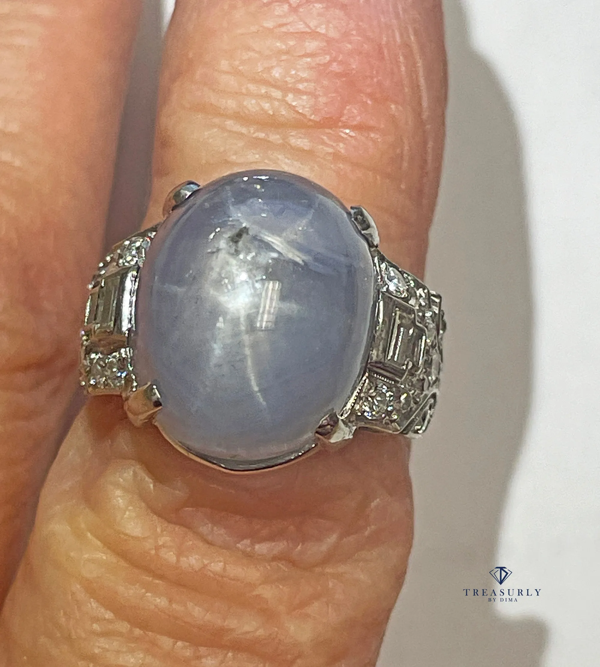 Art Deco GIA 26.5ct Natural No-Heat Star Blue Sapphire Platinum Diamond Ring