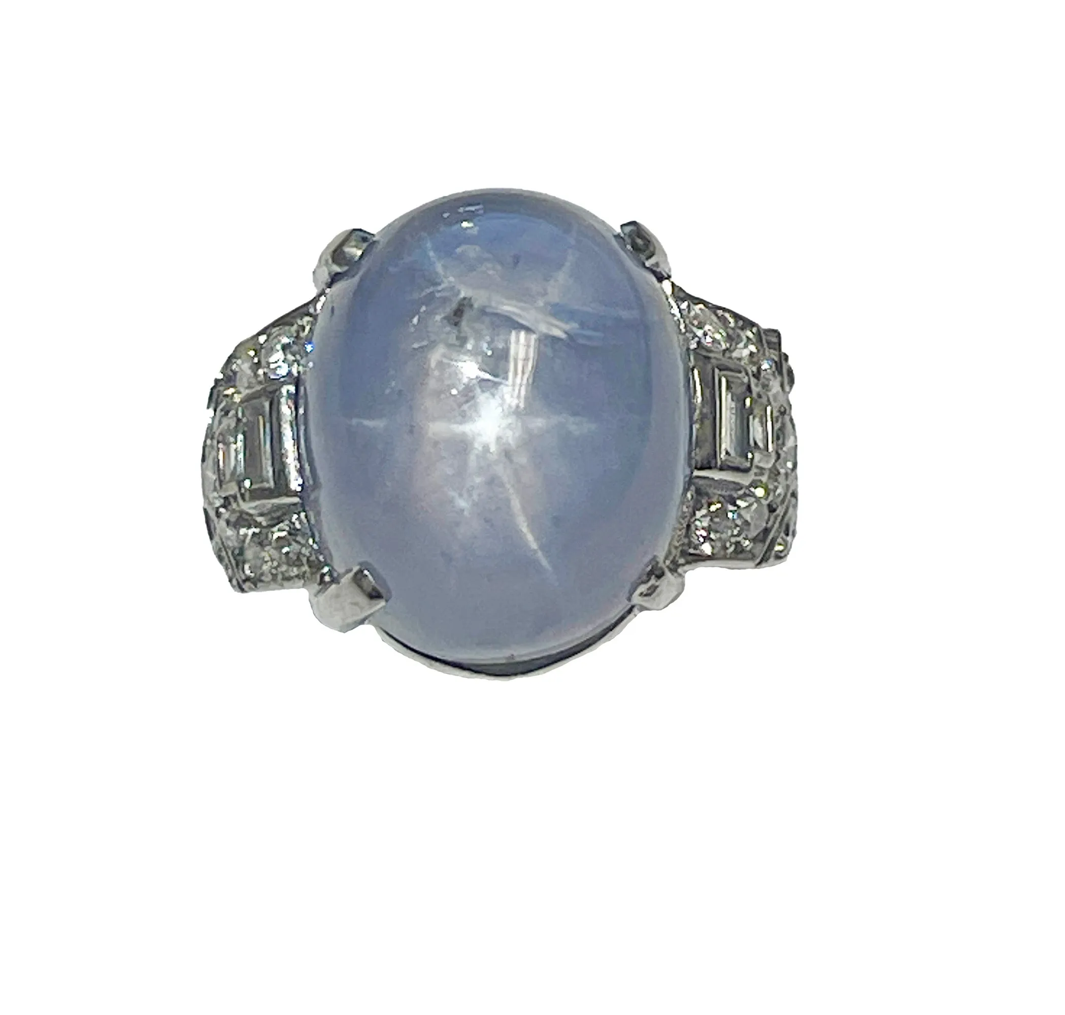 Art Deco GIA 26.5ct Natural No-Heat Star Blue Sapphire Platinum Diamond Ring