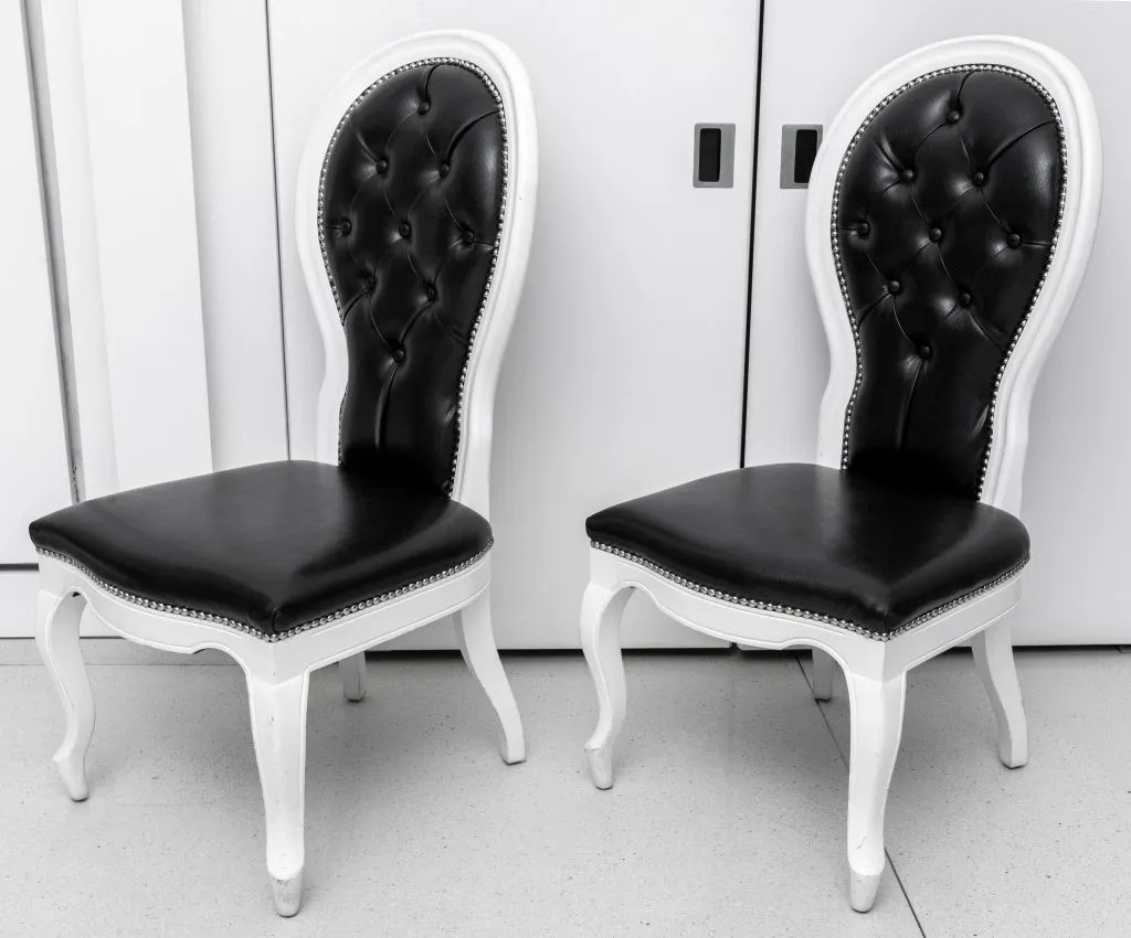 Baroque Revival Black & White Side Chairs, Pair