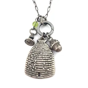 BEEHIVE Charm Necklace with Peridot - SILVER