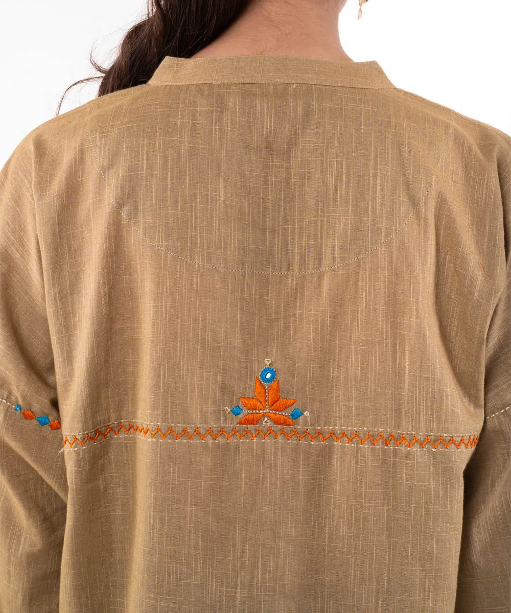 Beige hand embroidered cotton mandarin collar top