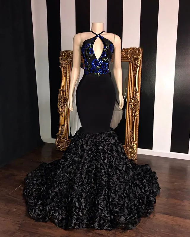 Black Long Mermaid Prom Dresses Elegant Halter Sequins Evening Gowns