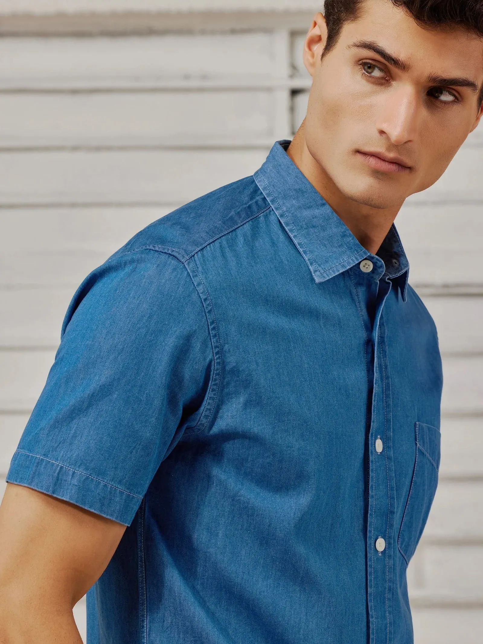 Blue Denim Solid Casual Shirt