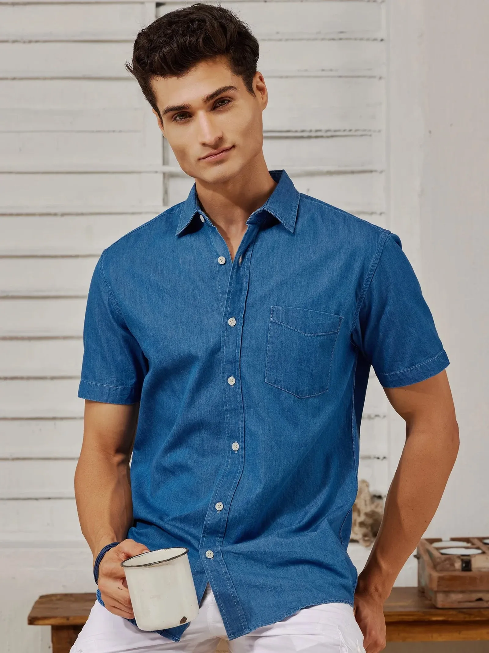 Blue Denim Solid Casual Shirt