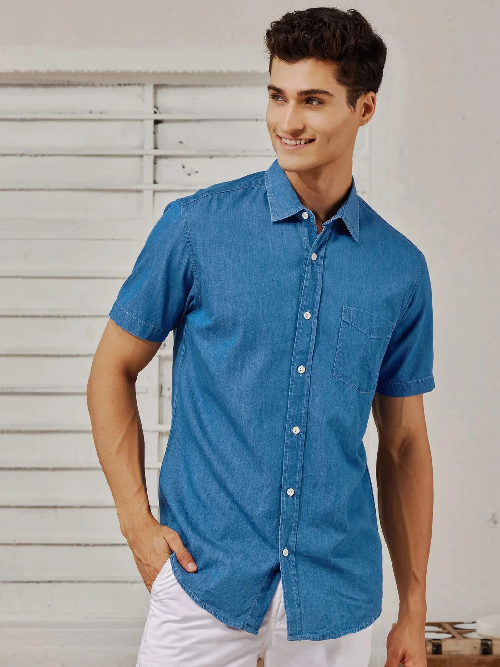 Blue Denim Solid Casual Shirt