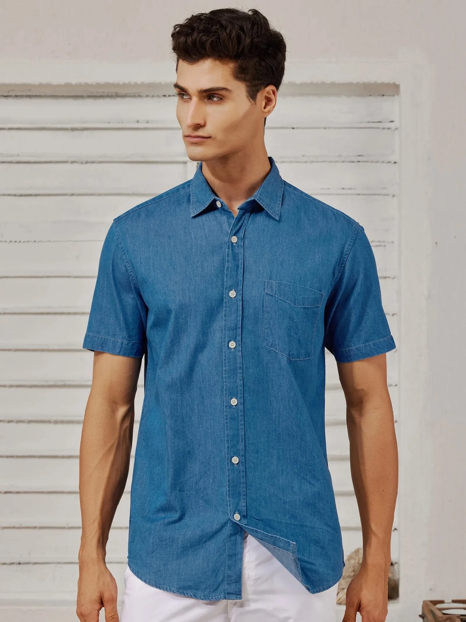 Blue Denim Solid Casual Shirt