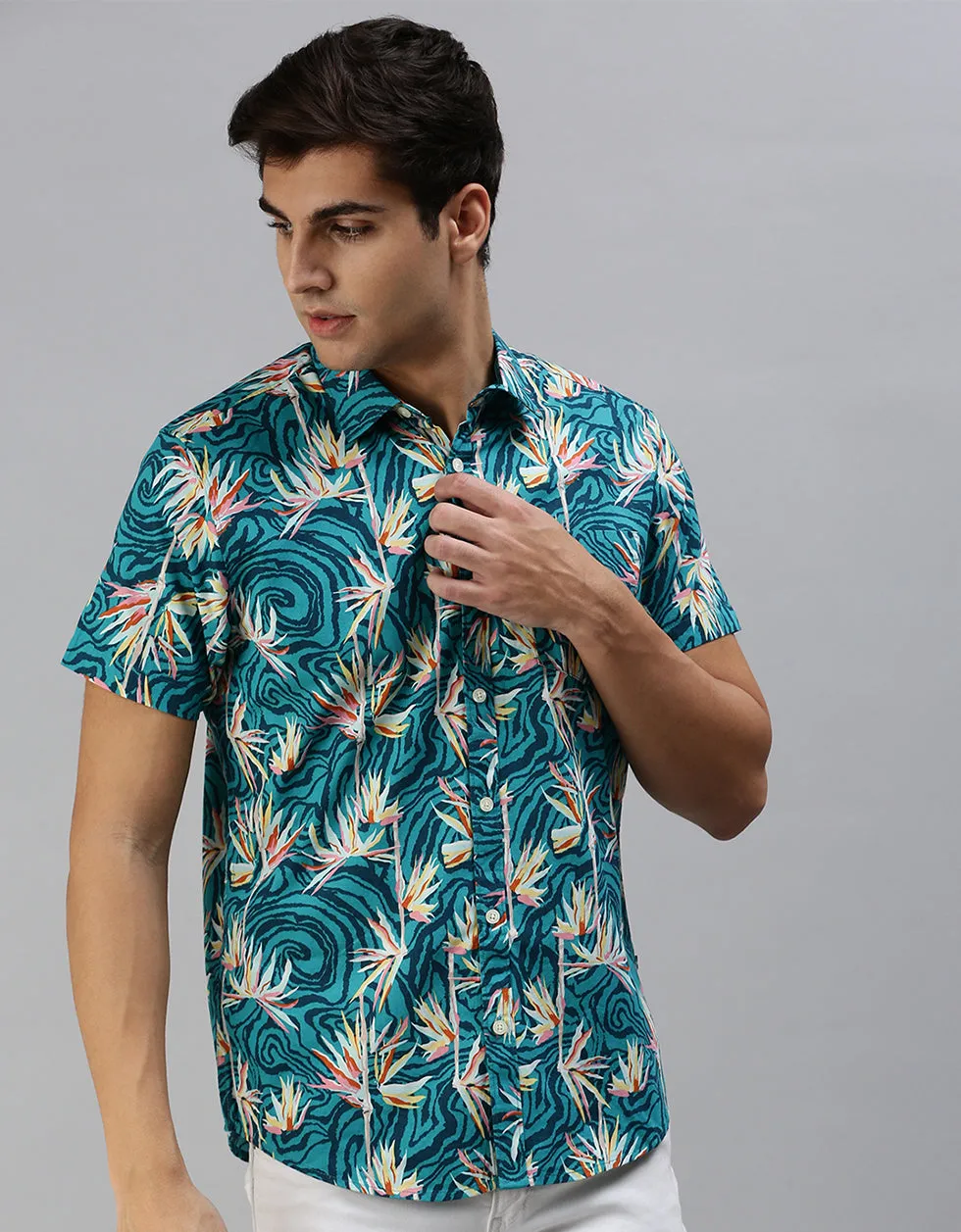 Blue Floral Printed Casual Shirt