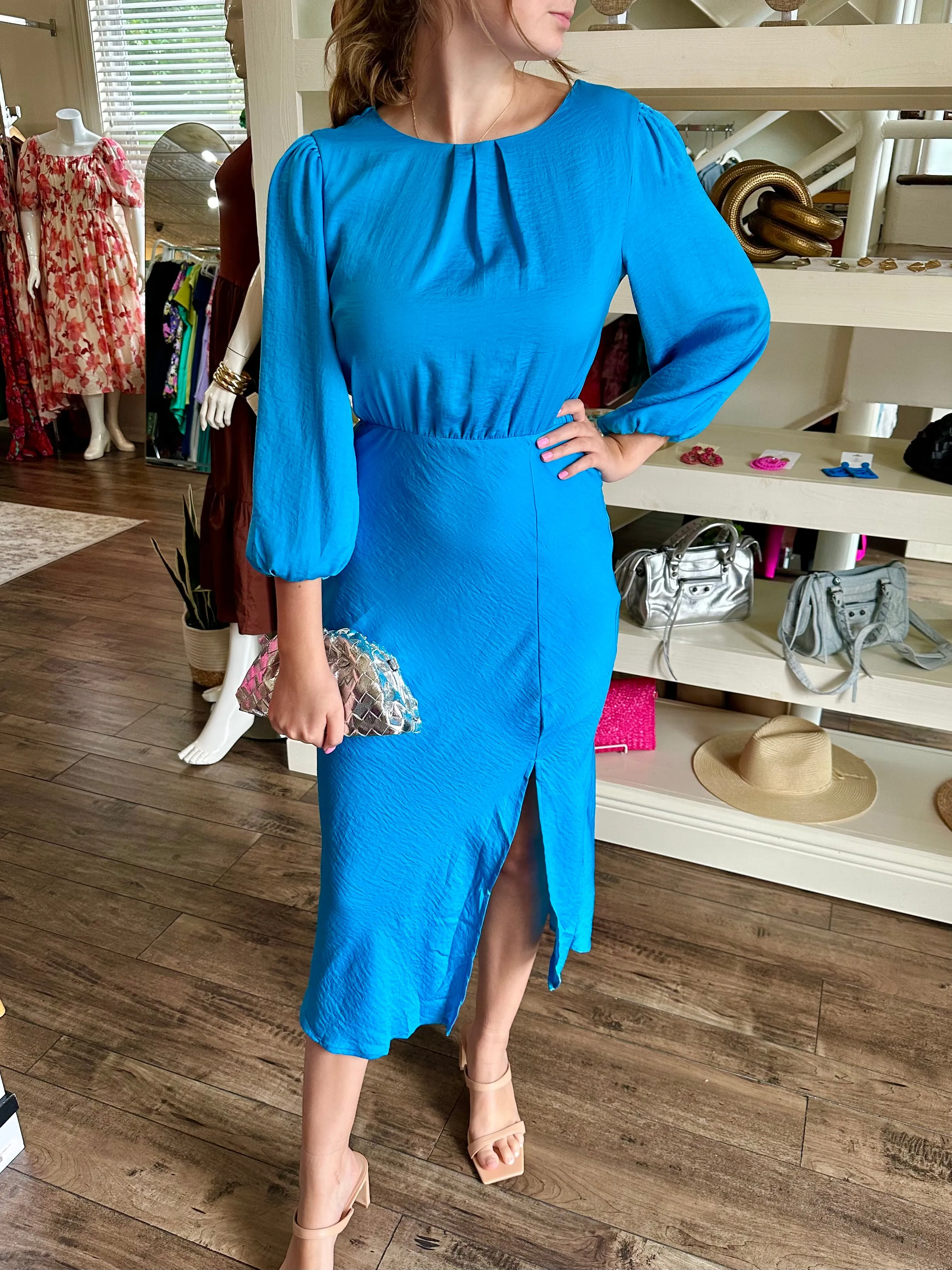 Blue Midi Sleeved Dress