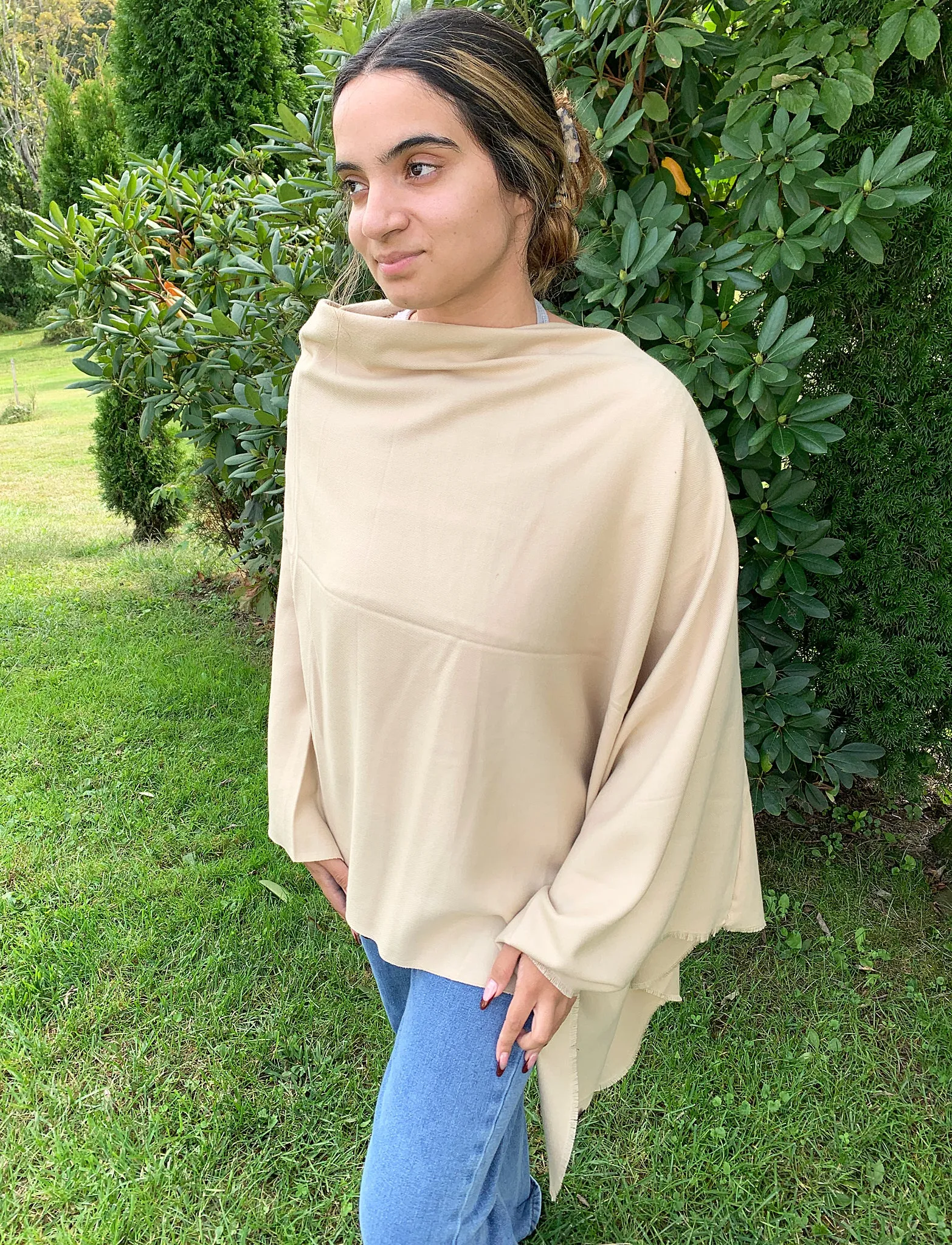 Blue Pacific Cashmere and Silk Poncho in Camel Tan