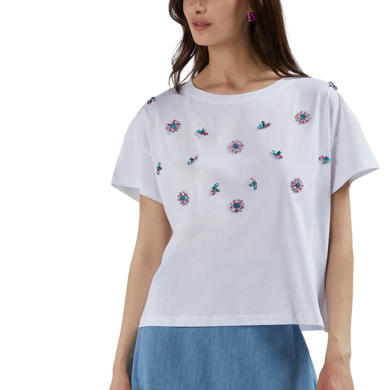 CafèNoir short-sleeved t-shirt with rhinestones for women C7JT0167 W001 white