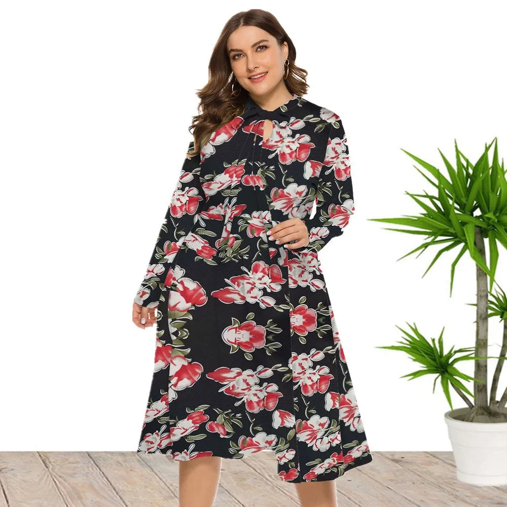 Casual Floral Crew Neck Midi Swing Dress Long Sleeve Lace-Up Wholesale Plus Size Clothing