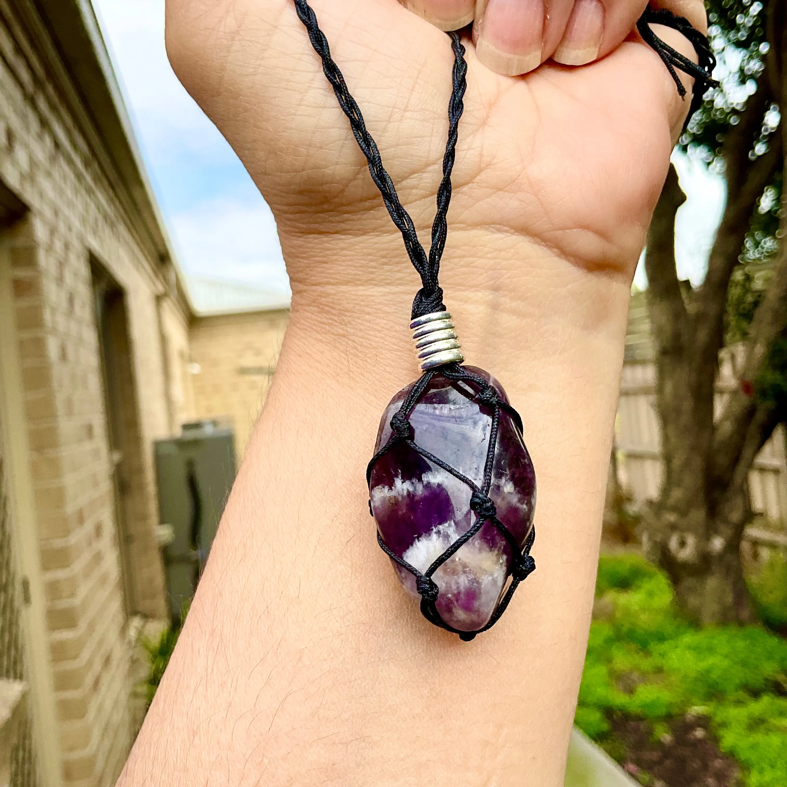 Chevron Amethyst Macramé Pendant