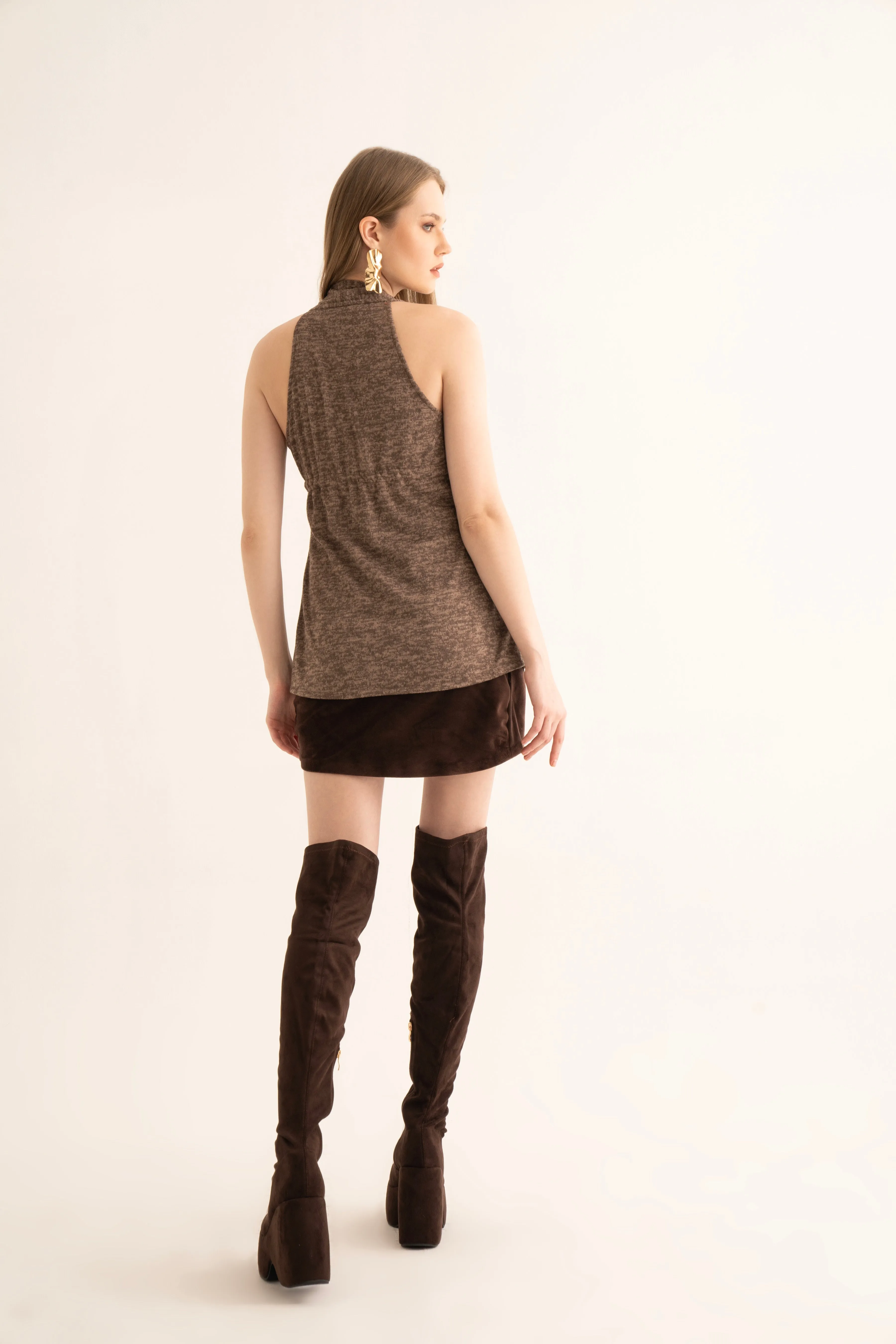 Cocoa Brown Knit Top and Brown Velvet Skirt Co-ord Set