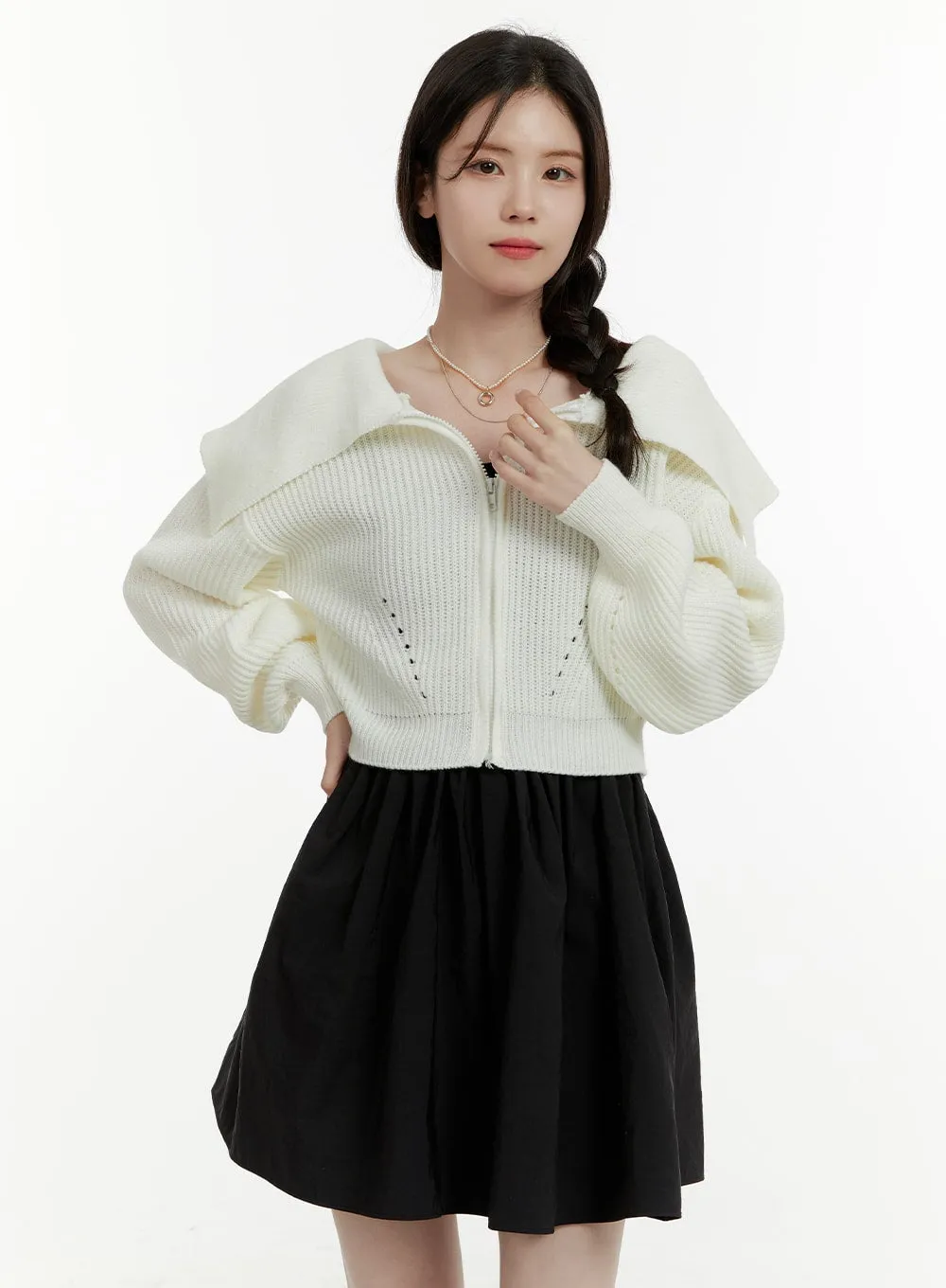 Crop Zip-Up Wide Collar Sweater OA405