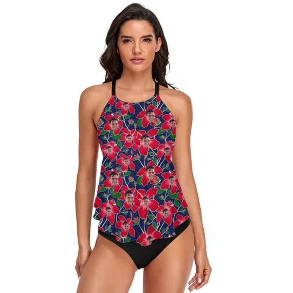 Custom Face Red Flower Tankini For Women 2 Pieces Swimsuit