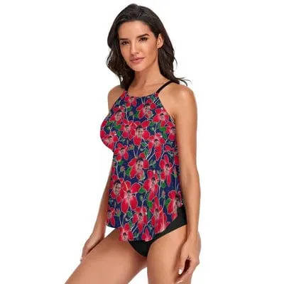 Custom Face Red Flower Tankini For Women 2 Pieces Swimsuit