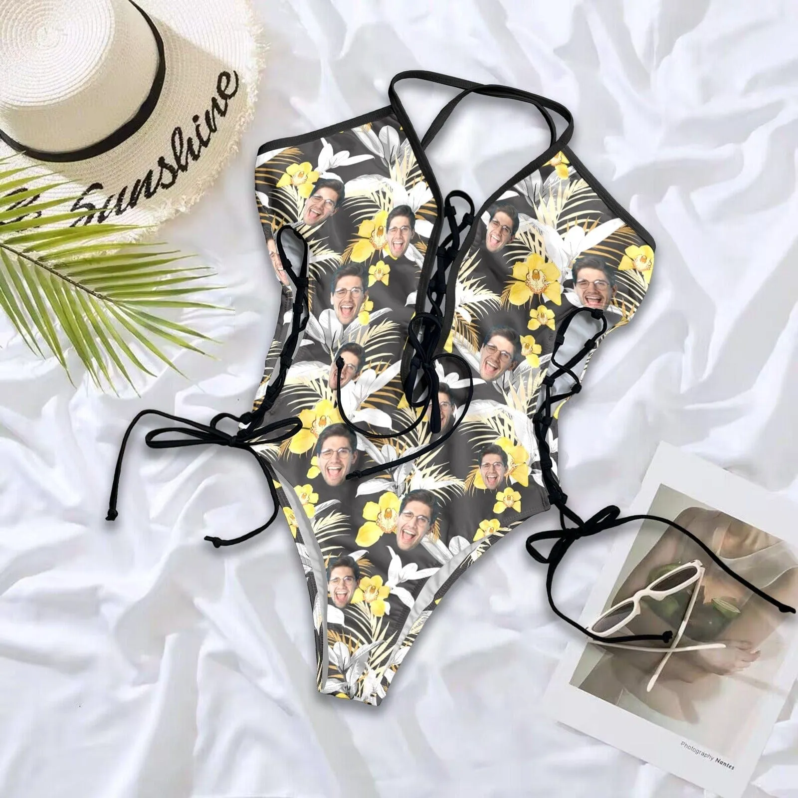 Custom Face Yellow Flower Women's Chest&Sides Ties Tummy Control Lace Up One Piece Swimsuit Face Bathing Suit