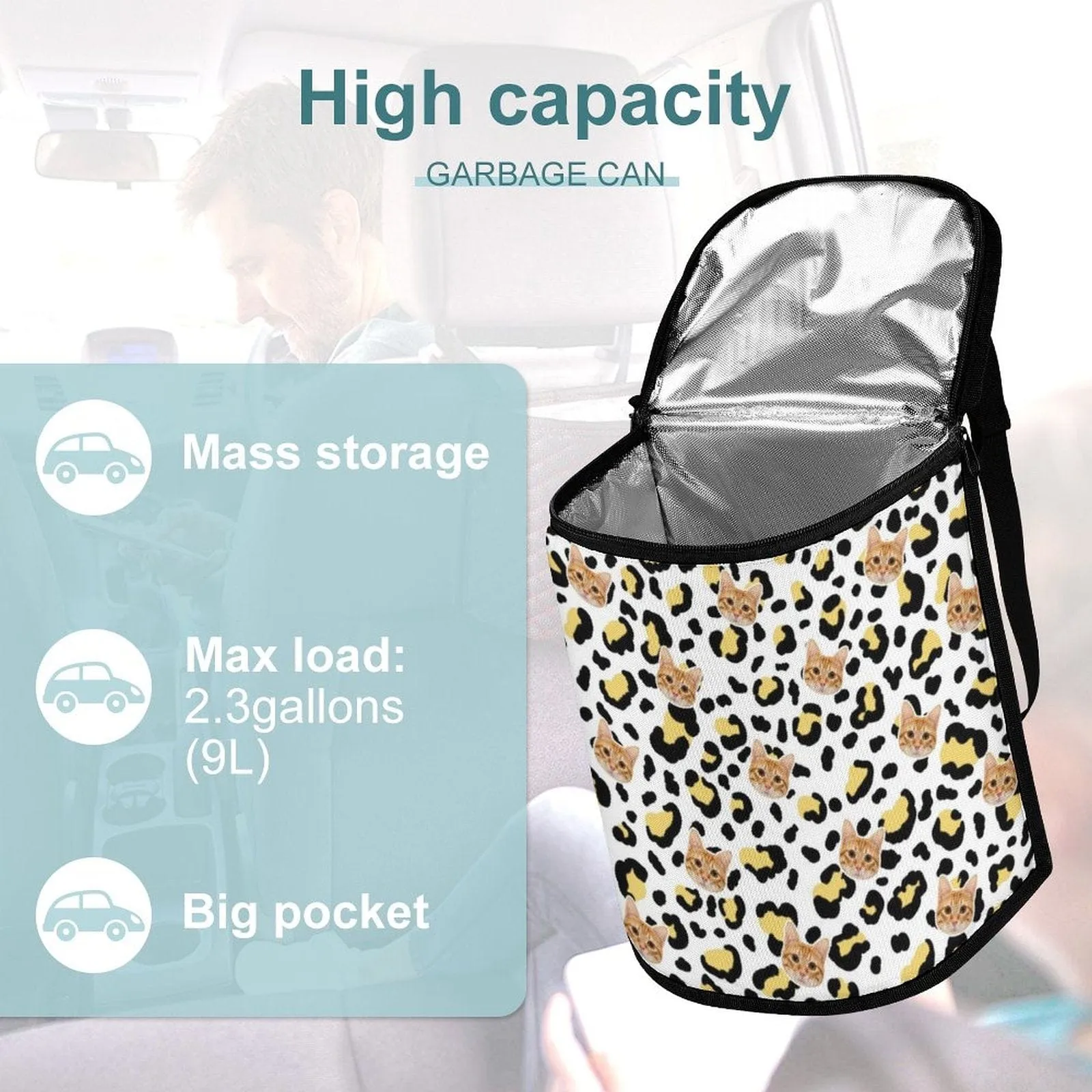 Custom Pet Cat Face Leopard Print Car Garbage Bag Personalized Car Storage Bag