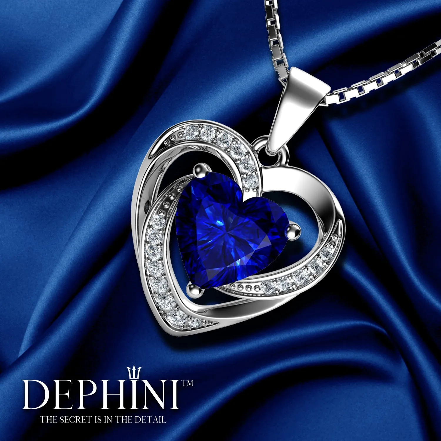 DEPHINI Blue Heart Necklace - 925 Sterling Silver Heart Pendant CZ